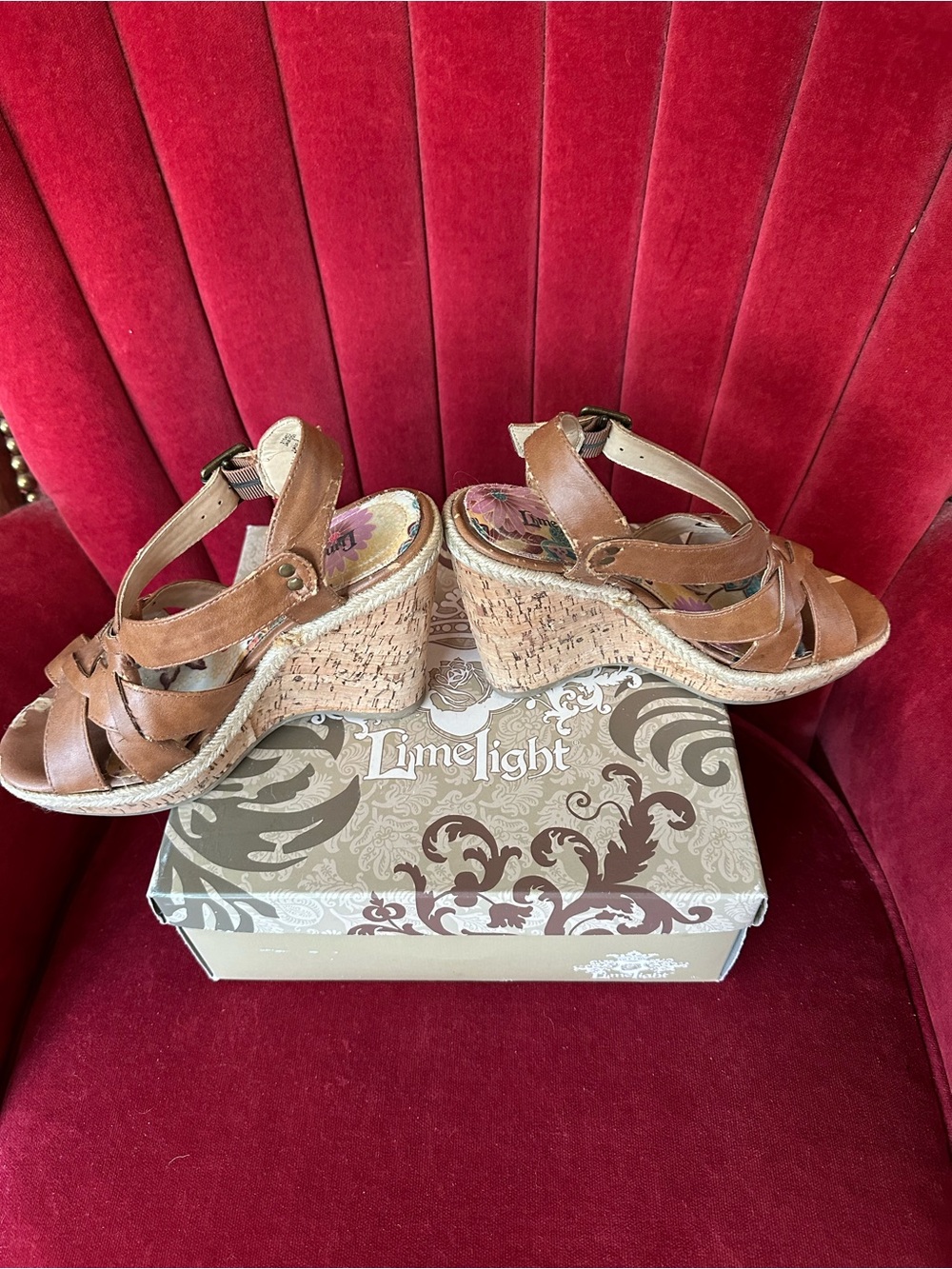 Limelight Tan Brown Cork Wedge Sandals with Ankle Strap size 6